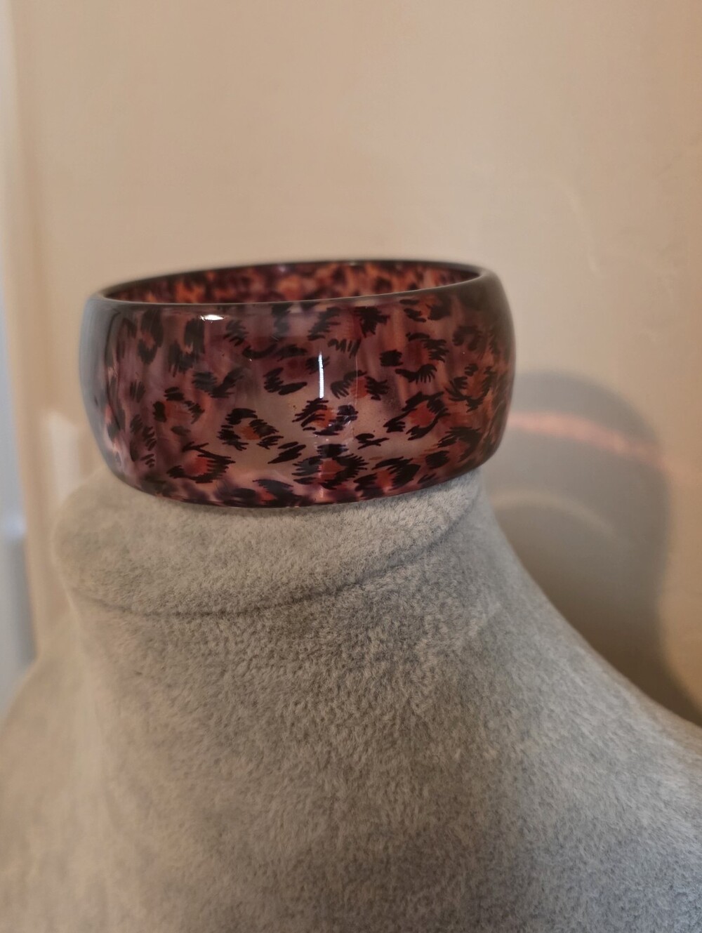 Amber/Pink & Black Abstract Animal Print Resin/Lucite Wide Bangle Bracelet